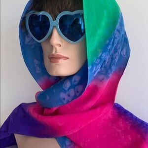 Hand painted blue pink purple green silk scarf